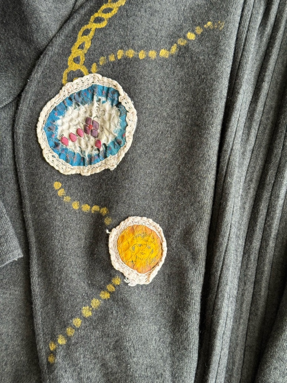Open Front Cardigan Knit Charcoal Gray Applique Hand Painted Large 80s Vintage - Picture 4 of 10
